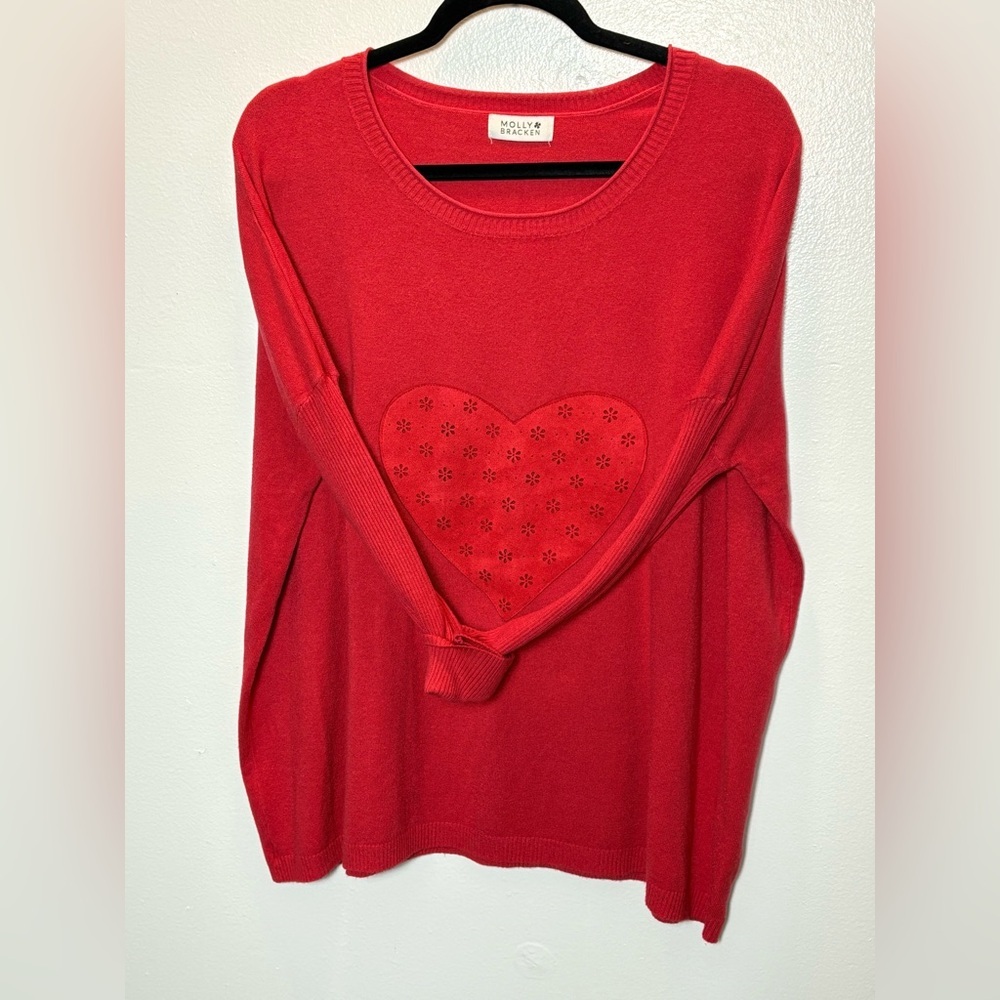 Molly Bracken Red Knit Heart Sweater Red Oversized SzM/L